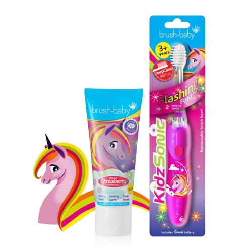 Brush-baby KidzSonic Electric Kids Toothbrush + Strawberry Toothpaste (Unicorn Set) | 3-6 Years
